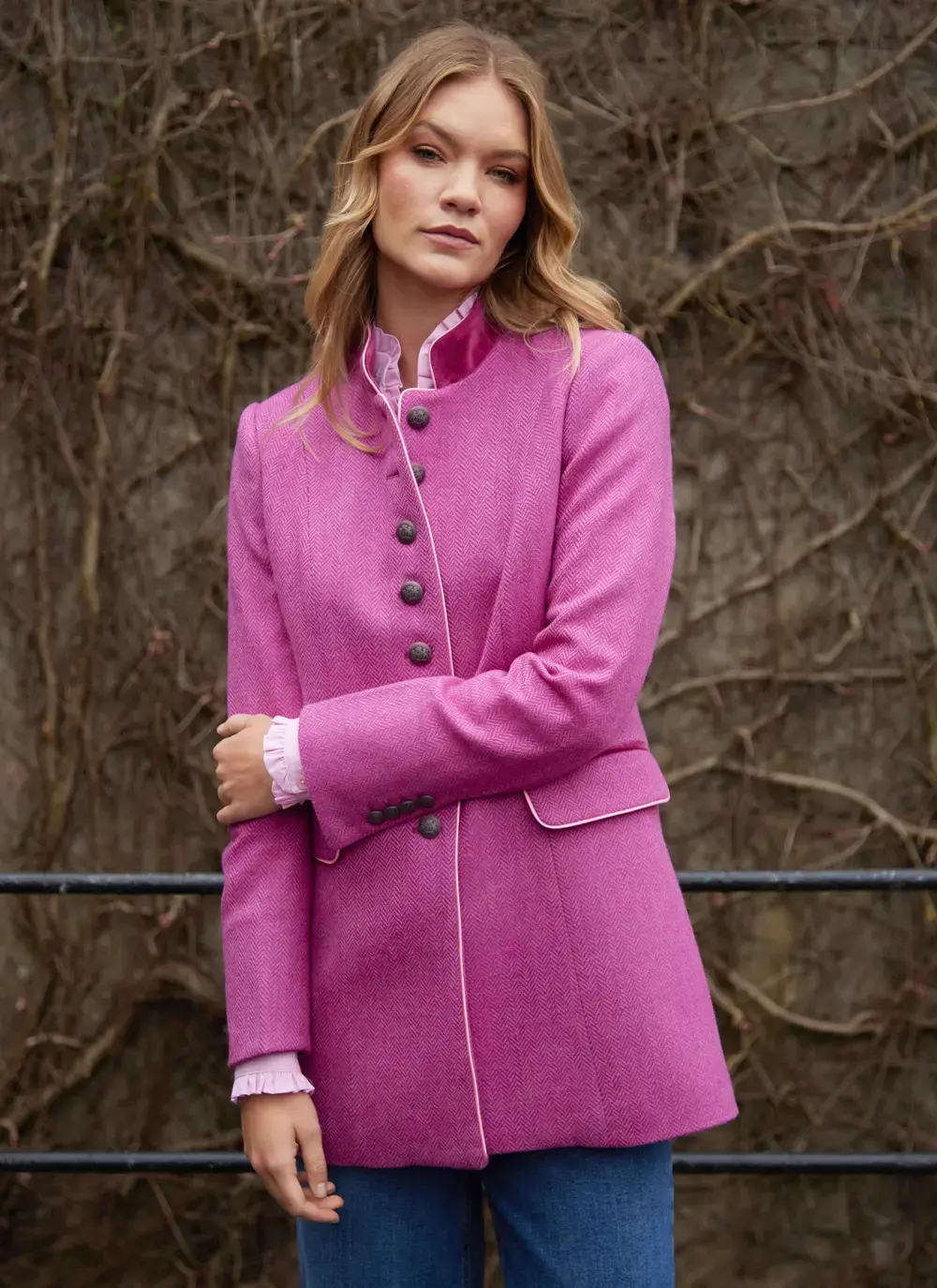 Ocante Tweed Coat Mid-Length Coat in Pink Herringbone | Blarney